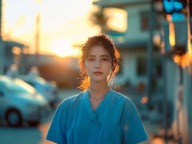 Asiatisches Mädchen in medizinischer Uniform bei Sonnenuntergang generativ ai