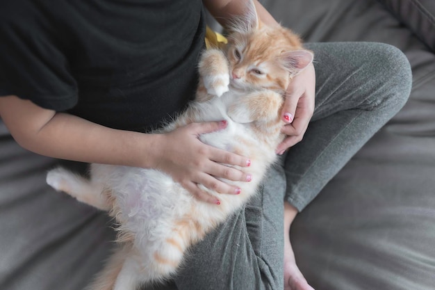 Asiatisches Mädchen mit ihrer süßen Katze, sie spielt mit Kätzchen