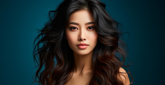 Asiatisches Mädchen mit langen Haaren auf isoliertem Hintergrund, KI-generiertes Bild