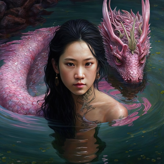 Asiatisches Mädchen mit Wächterschwimmen des rosa Drachengeistes