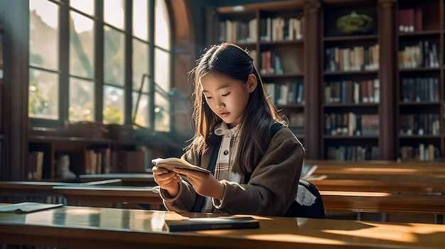 Asiatisches Mädchen studiert in der Schulbibliothek künstliche Intelligenz