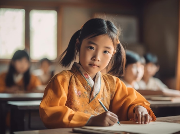 Asiatisches Mädchen zeichnet mit einem Bleistift in einem Unterricht im Klassenzimmer