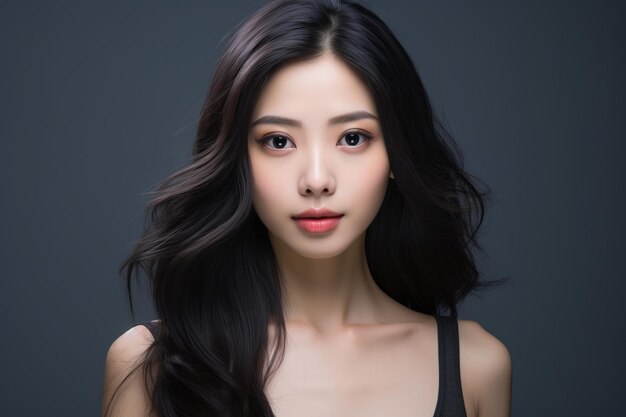Asiatisches Mädchenhaarproduktmodell mit schwarzen Haaren auf grauem Hintergrund