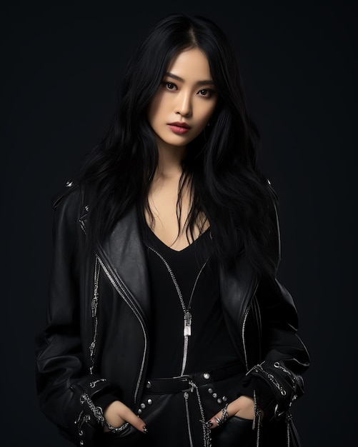 Asiatisches Model in schwarzer Jacke posiert im Studio