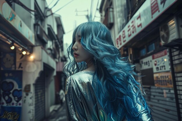 Asiatisches Modemodell in silbernem Outfit auf der Straße