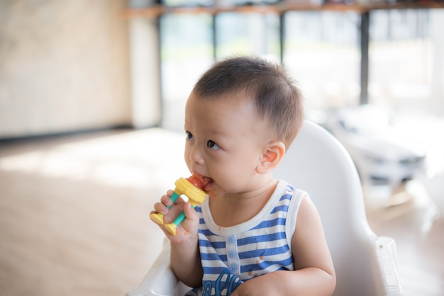 Asiatisches nettes Baby isst Frucht vom Zubehör.