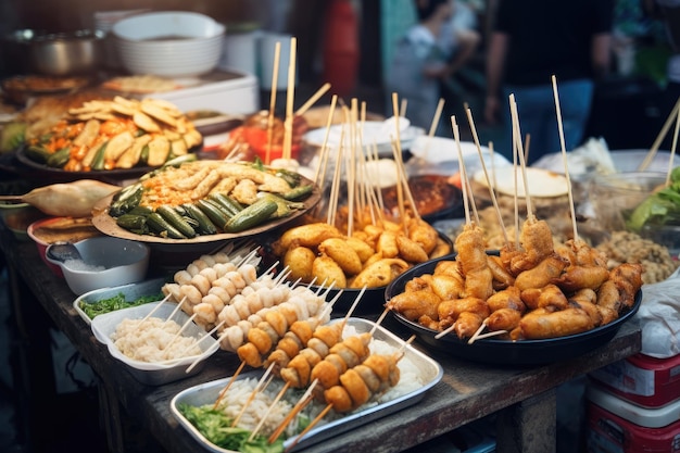 Asiatisches Streetfood Traditionelle orientalische Gerichte auf dem Straßenmarkt Generative KI