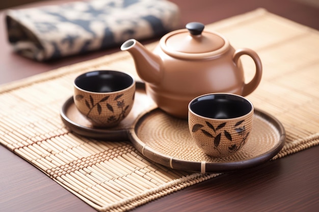 Asiatisches Teeset Japanische Teekanne und Tassen auf einem Bambustablett