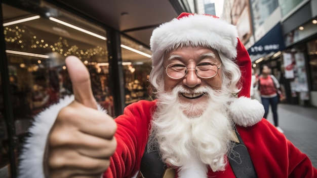 Asiatisches Weihnachtsmann-Daumenhoch-Selfie im Weihnachtskonzept auf der Stadtstraße