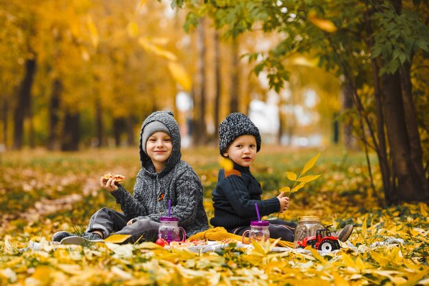 Asiento de hermanos en cuadros en el parque en otoño