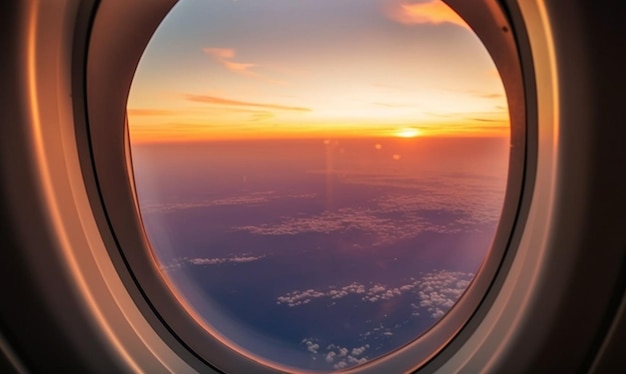Un asiento junto a la ventana de un avión con la puesta de sol en el horizonte.