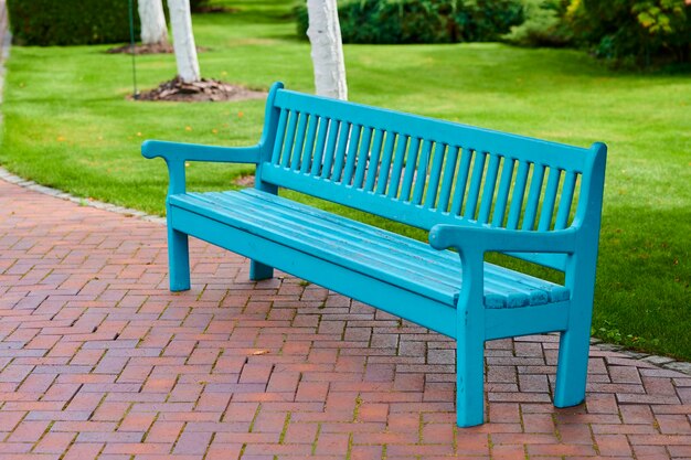 Asiento de madera al aire libre para relajar el asiento pintado en el parque al aire libre en un día soleado