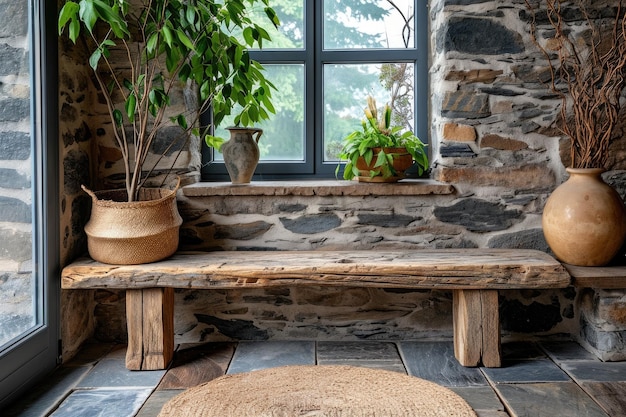 Asiento de madera rústica junto a una pared de revestimiento de piedra natural