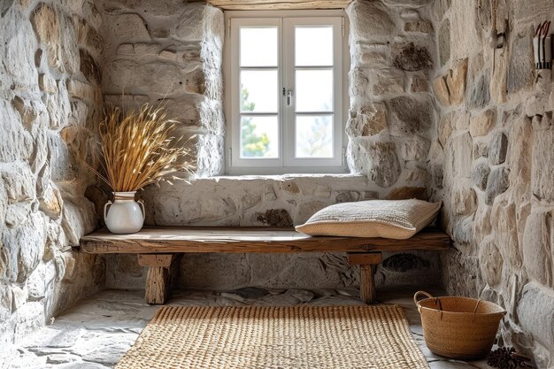 Foto asiento de madera rústica junto a una pared de revestimiento de piedra natural