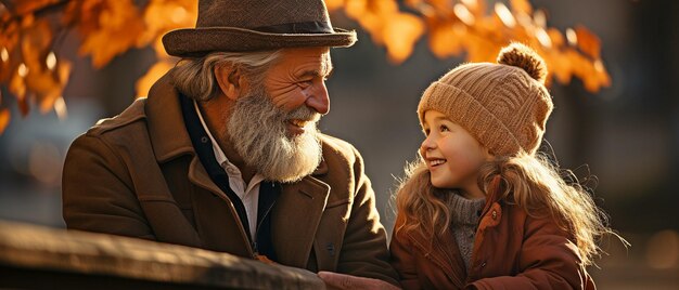 En un asiento en un parque en un día de otoño un abuelo pasa tiempo con su nieta