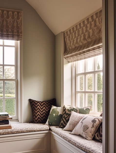 Asiento de ventana diseño interior y comodidad en el hogar rincón de lectura con cojines y decoración en una casa de campo estilo rural inglés generativo posprocesado ai