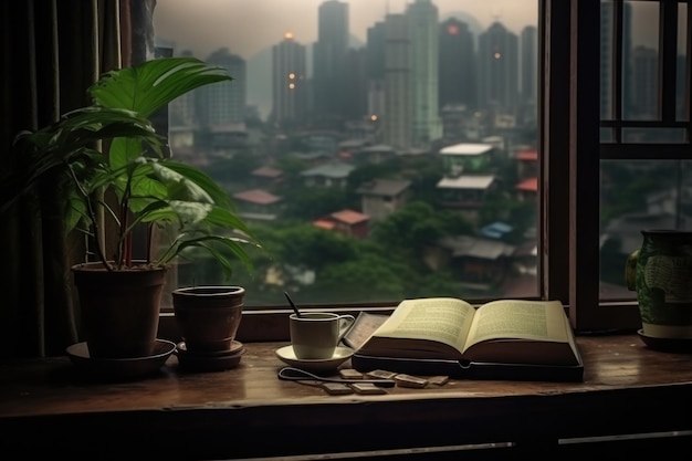 Asiento de la ventana con libros y una vista de la ciudad