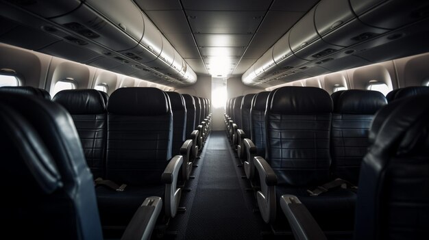 Asientos de avión de pasajeros vacíos en la cabina