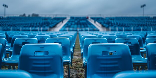 Los asientos azules vacíos del estadio con una atmósfera lluviosa