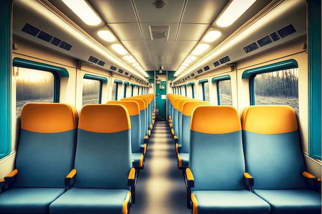 Asientos de cuero verde amarillo en el interior del tren de transporte público