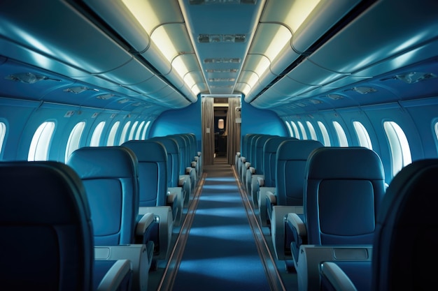Asientos de pasajeros vacíos en la cabina de la aeronave Interior del avión Clase económica en el transporte comercial