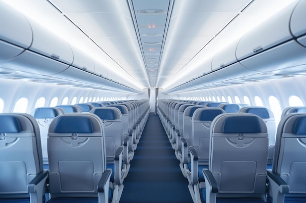 Asientos de pasajeros vacíos en la cabina de la aeronave Interior del avión Clase económica en el transporte comercial