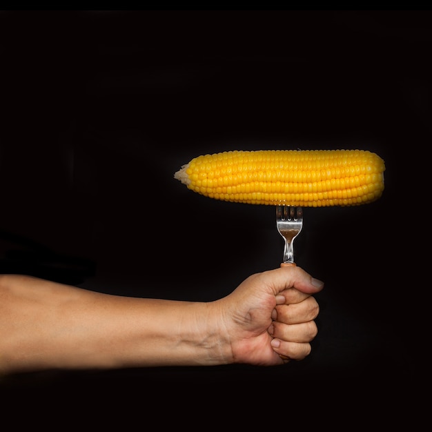 asimiento de la mano amarillo maíz fresco con un tenedor sobre fondo negro