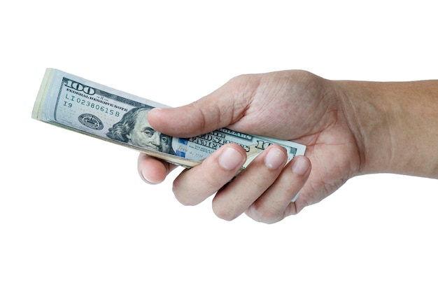 Asimiento de la mano y dar billete de dólar estadounidense. concepto de efectivo y pago.