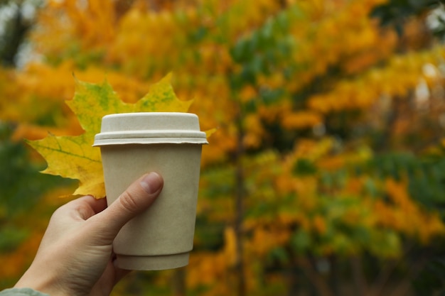 Asimiento de la mano femenina taza de papel en el fondo del parque otoño