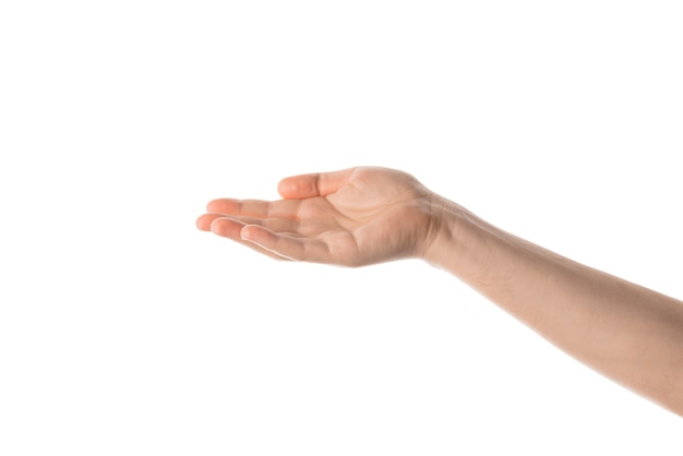 Asimiento de la mano del hombre, agarrar o atrapar algún objeto, gesto con la mano. Aislado sobre fondo blanco.