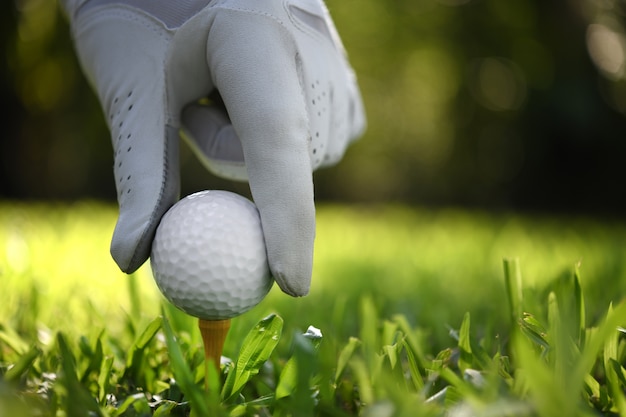 Asimiento de la mano con la pelota de golf tee en campo de golf