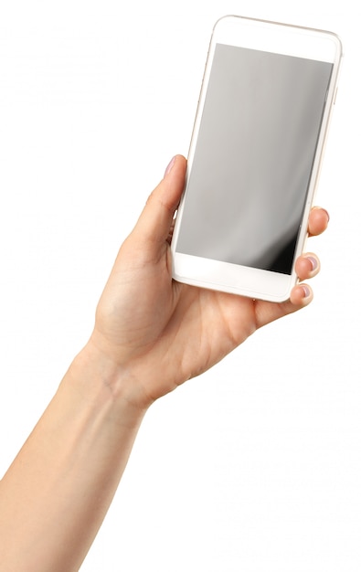 Asimiento de la mano teléfono inteligente móvil aislado en blanco