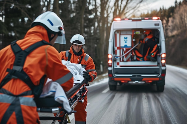 Asistencia médica urgente El médico está transportando la camilla con el paciente al vehículo de emergencia