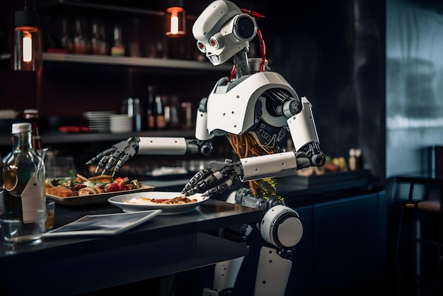 Asistencia robótica cocinando comida en el restaurante Inteligencia artificial y concepto futurista AI generado