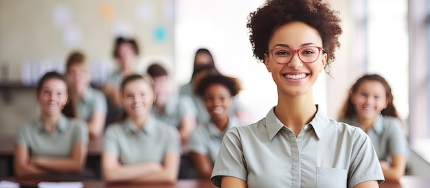 Una asistente birracial sonriente celebra el Día de los Asistentes Docentes