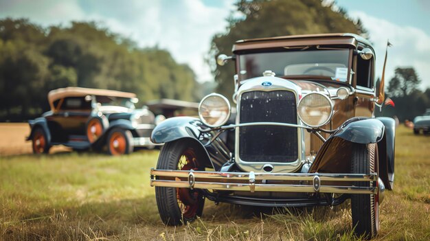 Un asistente coche clásico de la década de 1930 está estacionado en un campo cubierto de hierba el coche es negro con una tapa marrón y tiene un parachoques de cromo brillante