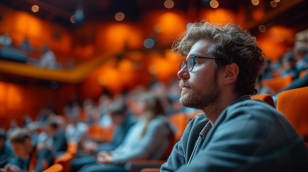 Un asistente a la conferencia asume de acuerdo totalmente involucrado en la discusión de los oradores