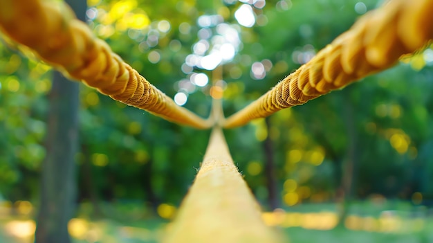 Foto asistente esta es una foto de un puente de cuerda en un bosque el puente está hecho de dos cuerdas gruesas que están atadas juntas en los extremos