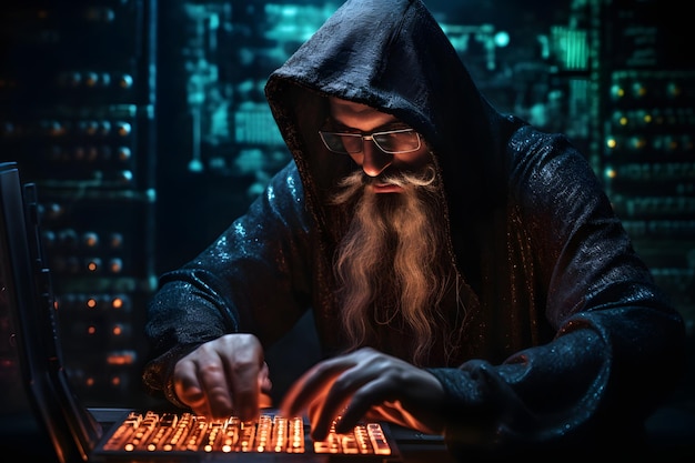 Asistente informático o hacker trabajando en código complejo