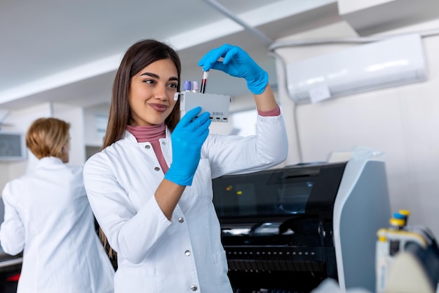 Asistente de laboratorio poniendo tubos de ensayo en el soporte Médico científico mirando el tubo de ensayo de sangre trabajando en el experimento de bioquímica en el laboratorio del hospital de microbiología