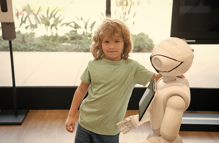 Foto asistente de niño y robot con pantalla de información en máscara protectora futura pandemia robótica