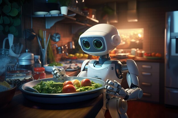 El asistente del robot Android prepara comida cocinando en la cocina ciencia ficción innovación doméstica tecnología inteligente AI generativa