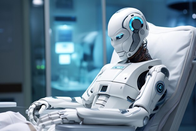 Asistente de robot Android en la sala de operaciones realizó chequeos de salud ciencia ficción innovación robótica hospital tecnología inteligente AI generativa