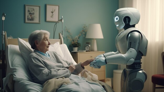 Un asistente de robot médico futurista brinda atención compasiva a una anciana enferma en el hospital