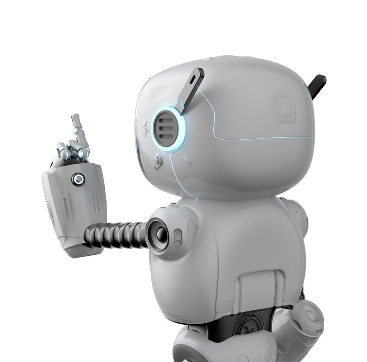 Foto asistente de robot pequeño apuntando con el dedo