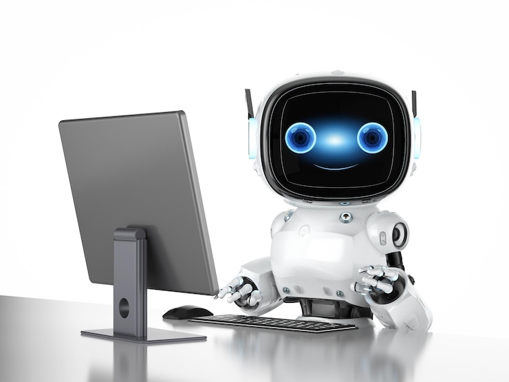 Foto asistente de robot pequeño con pantalla de computadora