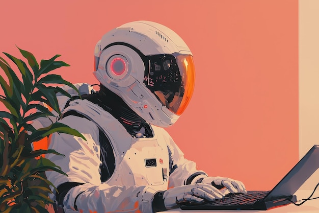 Asistente de robot que escribe en el teclado en un entorno moderno