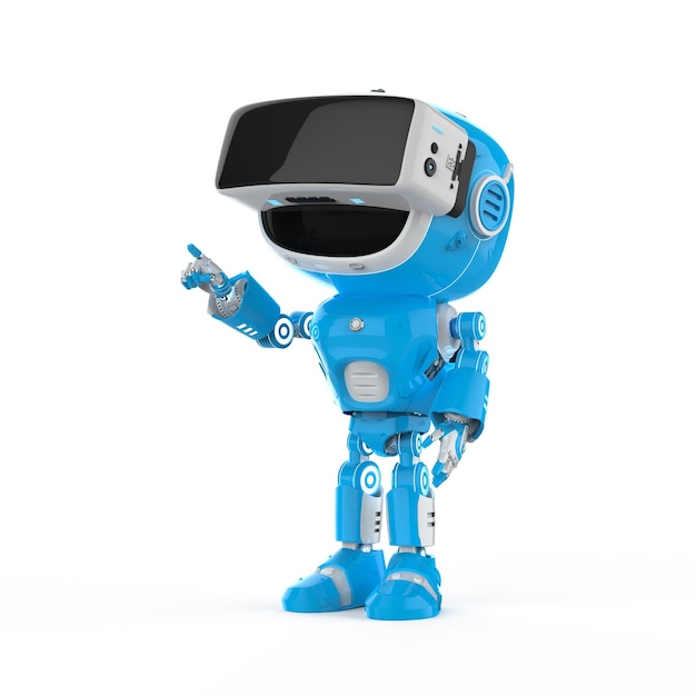 Asistente robótico azul o robot de inteligencia artificial con auriculares