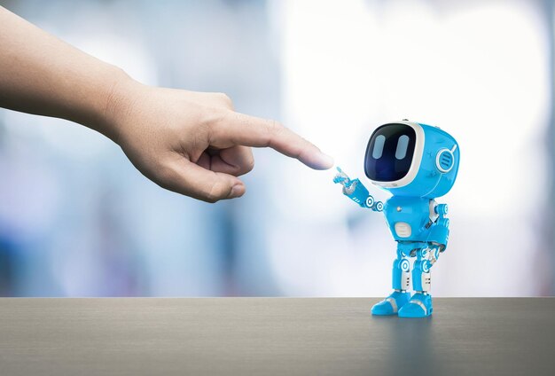 El asistente robótico azul o el robot de inteligencia artificial se conectan con humanos