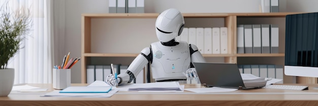 Asistente robótico trabajando en un escritorio con una computadora portátil y papeles Tecnología de IA avanzada en un entorno de oficina que ilustra la automatización y la eficiencia modernas